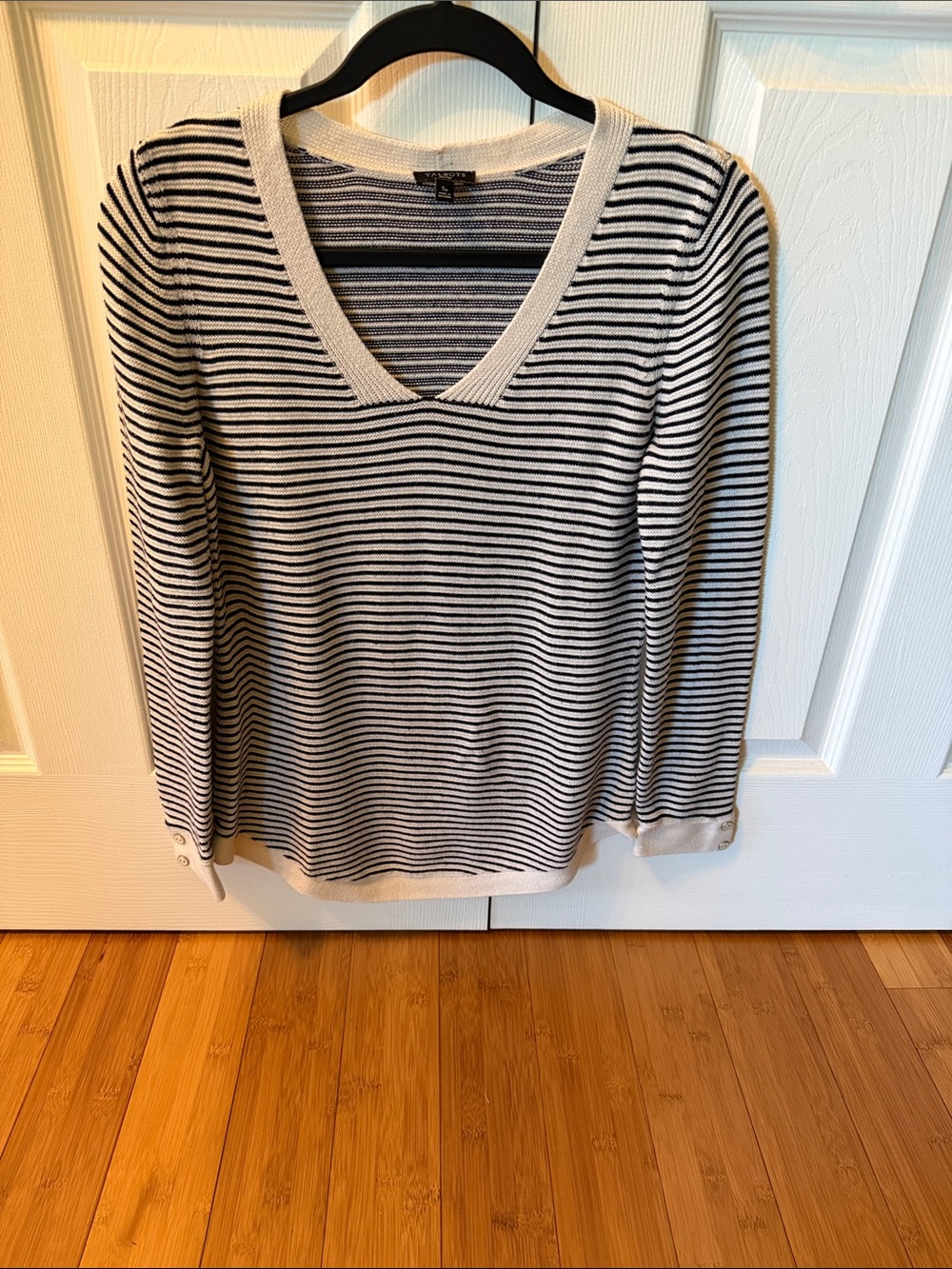 Talbots Cream and Black Striped V-Neck Sweater